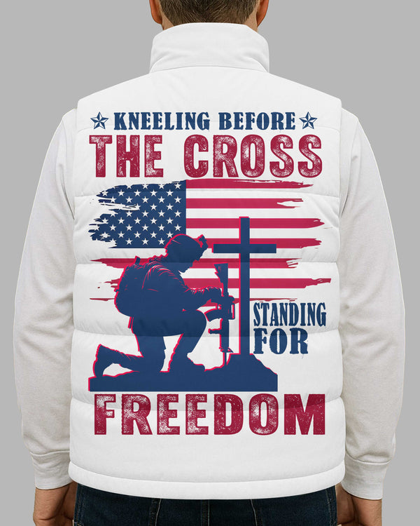 Kneeling Before The Cross Standing For Freedom Sleeveless Puffer Jacket