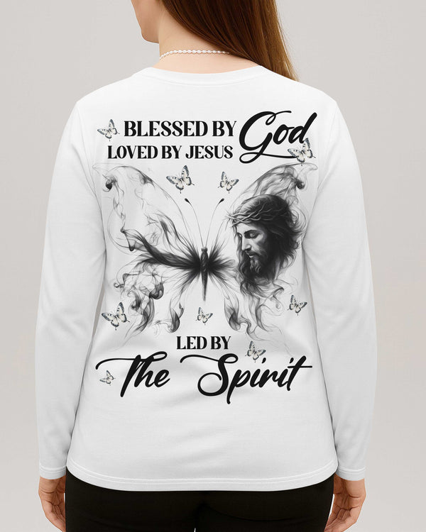 Blessed By God Loved By Jesus Led By The Spirit V-neck Long Sleeves Shirt