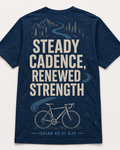 Christian Cycling Shirt Blue AOP T-shirt Steady Cadence Renewed Strength Isaiah 40:31 Faith Cyclist Gift
