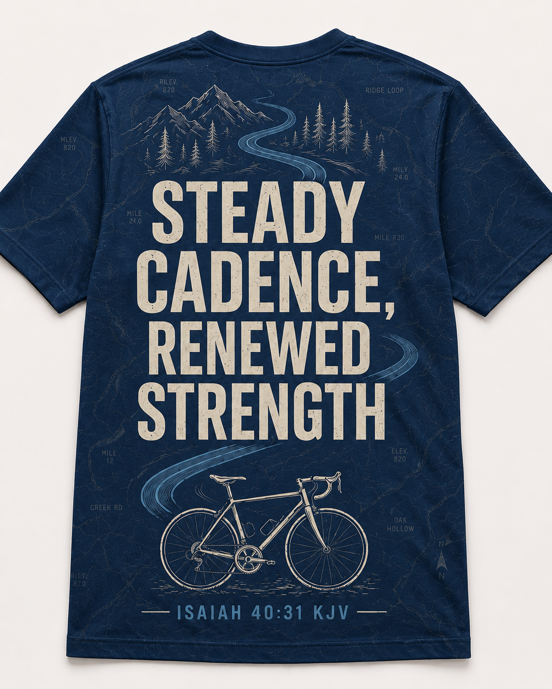Christian Cycling Shirt Blue AOP T-shirt Steady Cadence Renewed Strength Isaiah 40:31 Faith Cyclist Gift
