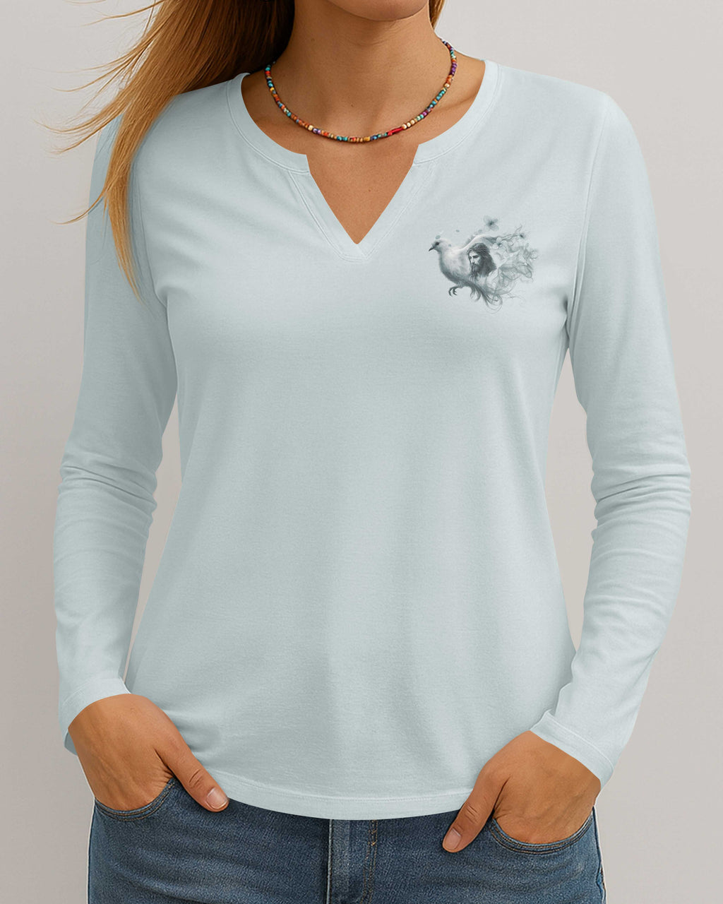 Blessed By God Loved By Jesus Led By The Spirit V-neck Long Sleeves Shirt