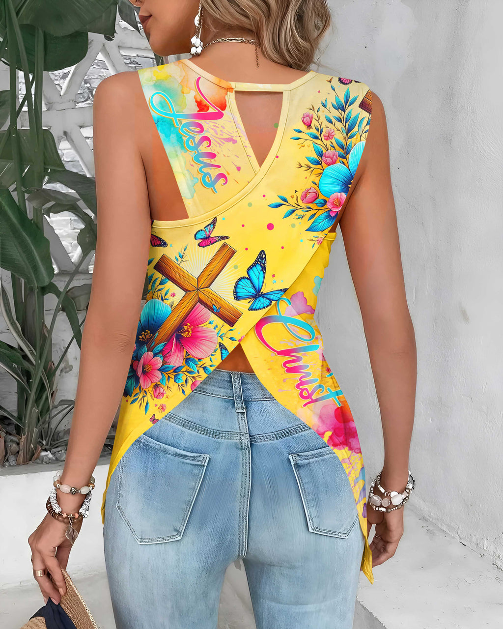 Let All That You Do Be Done In Love All Over Print Cut Out Wrap Back Tank Top