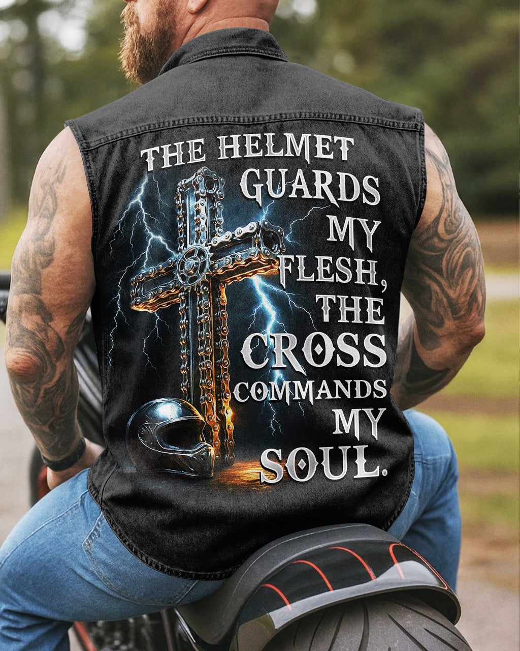 The Helmet Guards My Flesh Sleevesless Denim T-Shirt