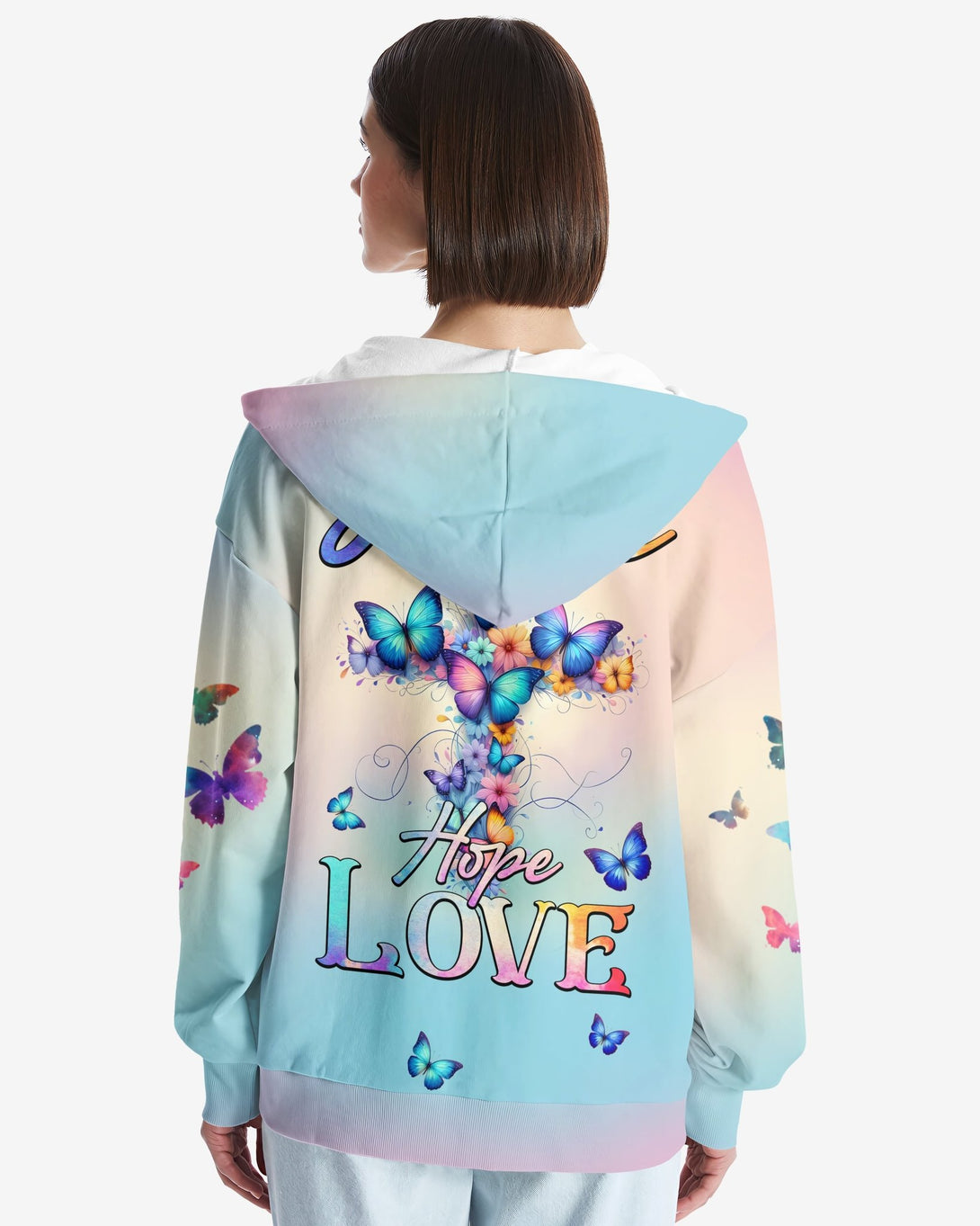 Butterfly Faith Hope Love All Over Print Zip Hoodie - Christ Color