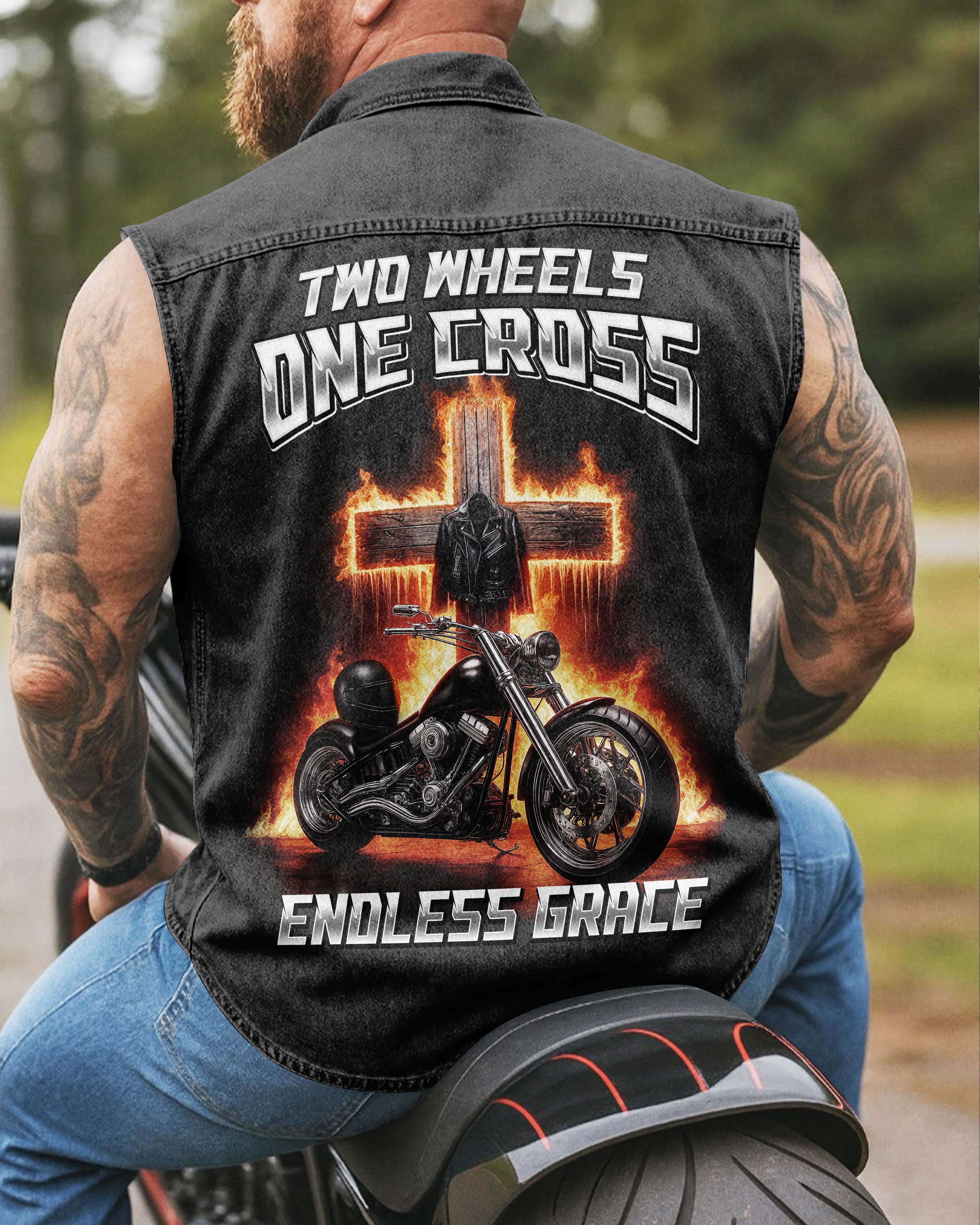 Two Wheels One Cross Sleevesless Denim T-Shirt