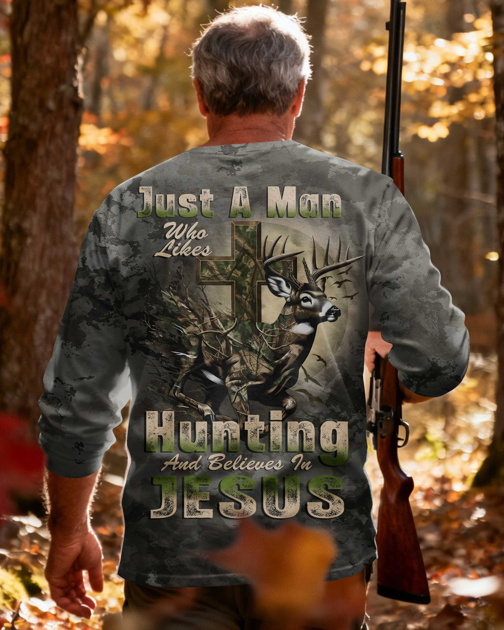 Just A Man Who Likes Hunting And Believes In Jesus All Over Print Long Sleeves T-Shirt