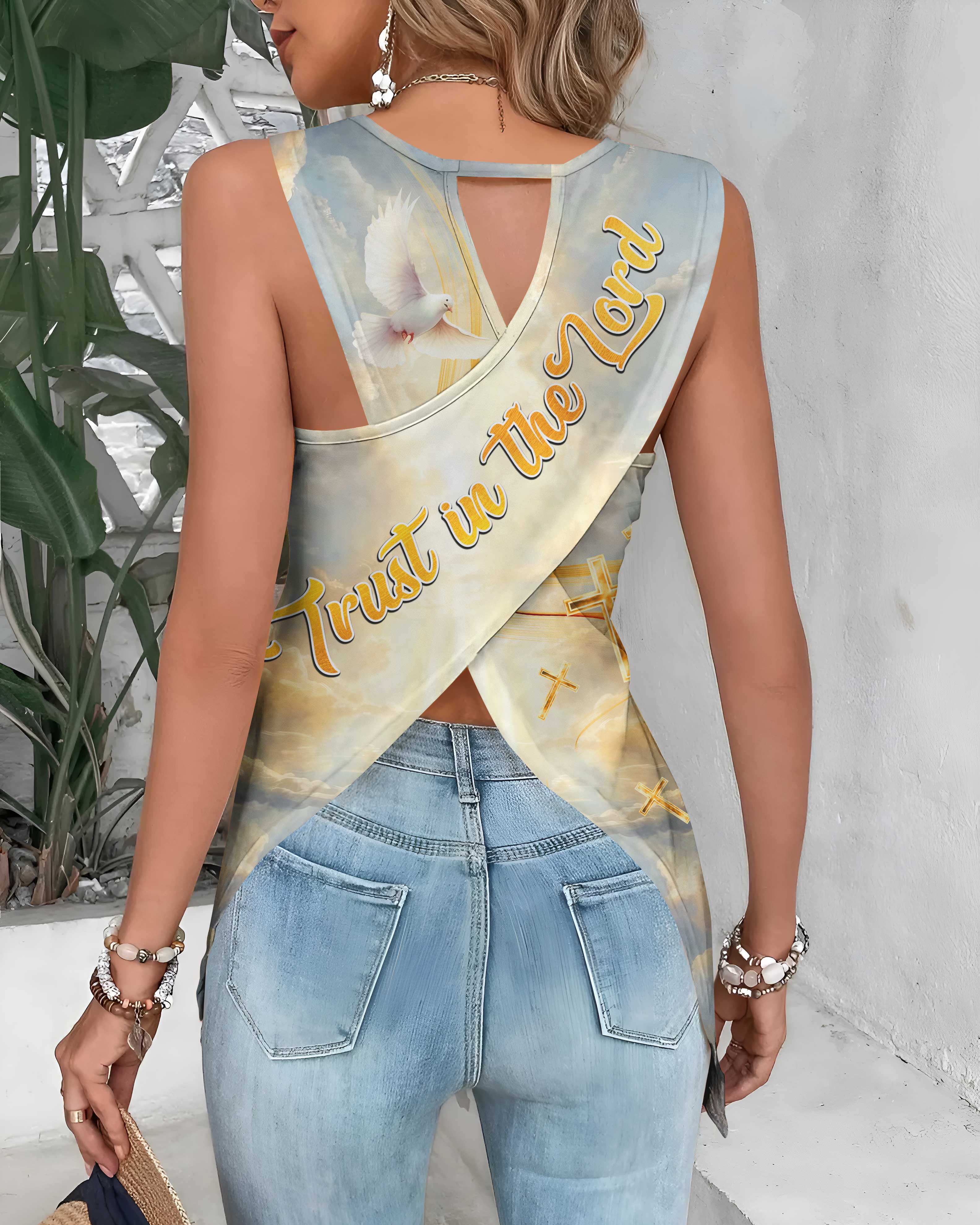 God's Timing Is Perfect All Over Print Cut Out Wrap Back Tank Top