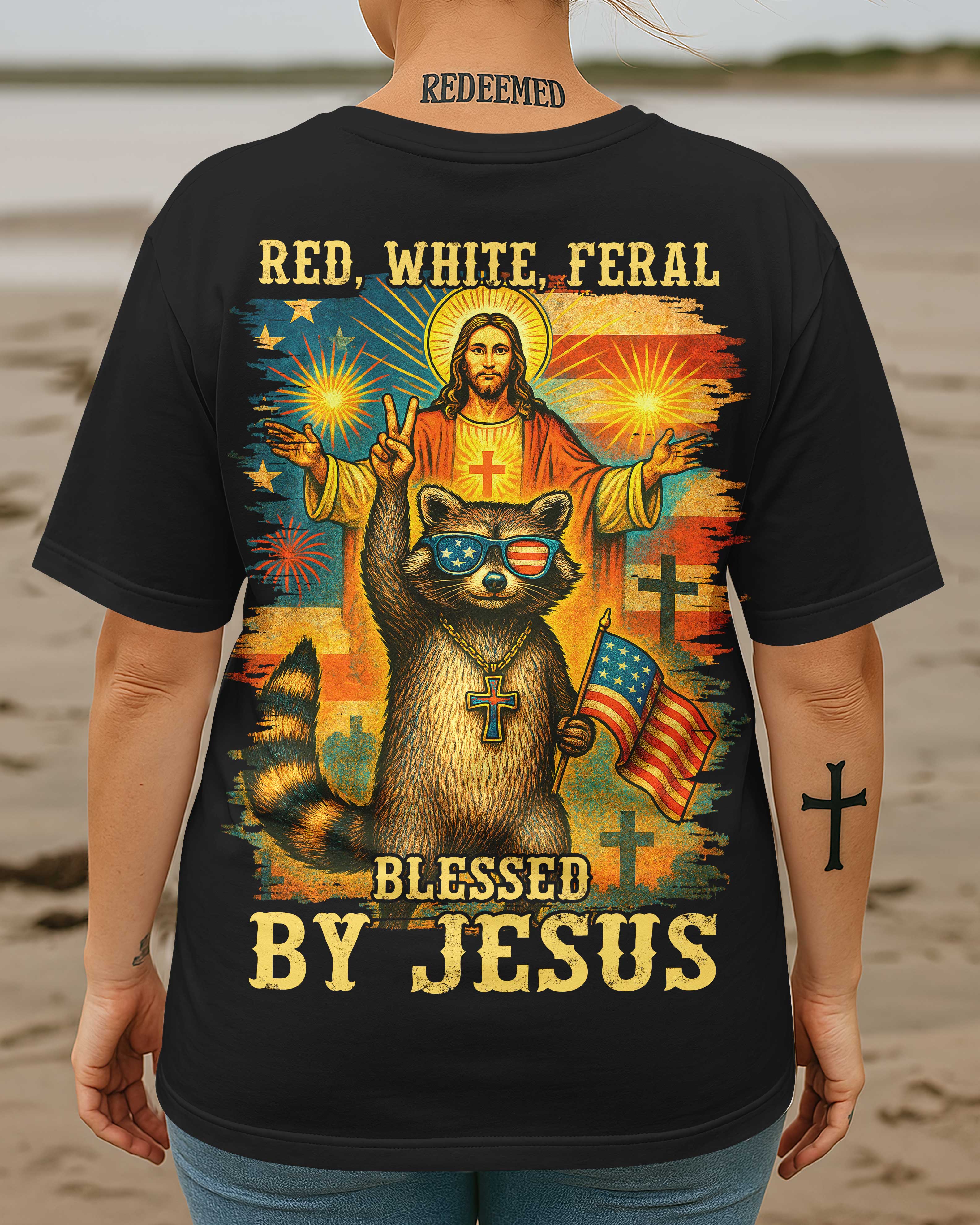 Red White Feral Blessed By Jesus All Over Print T-Shirt