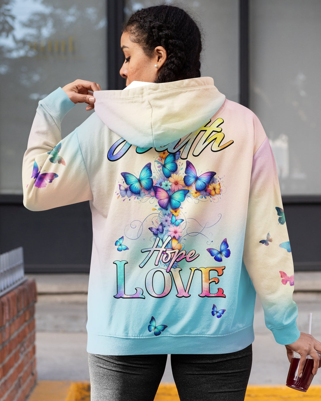 Butterfly Faith Hope Love All Over Print Zip Hoodie - Christ Color