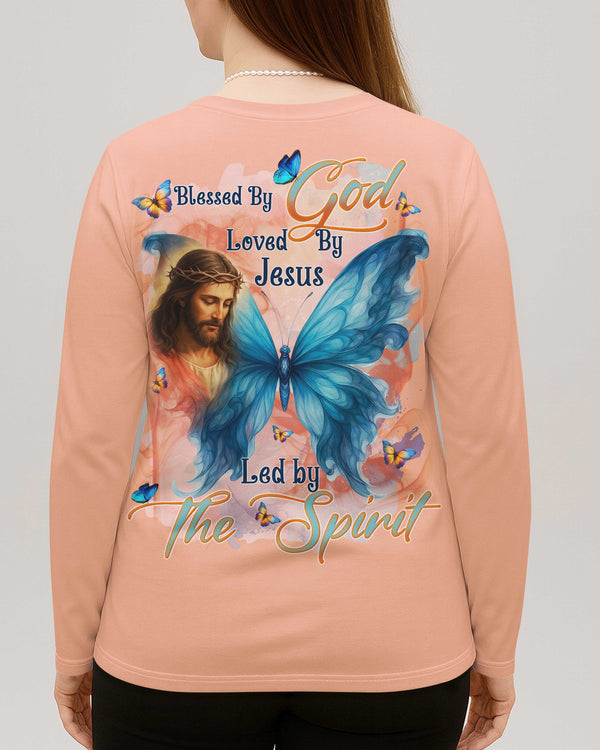 Blessed By God Loved By Jesus Led By The Spirit V-neck Long Sleeves Shirt