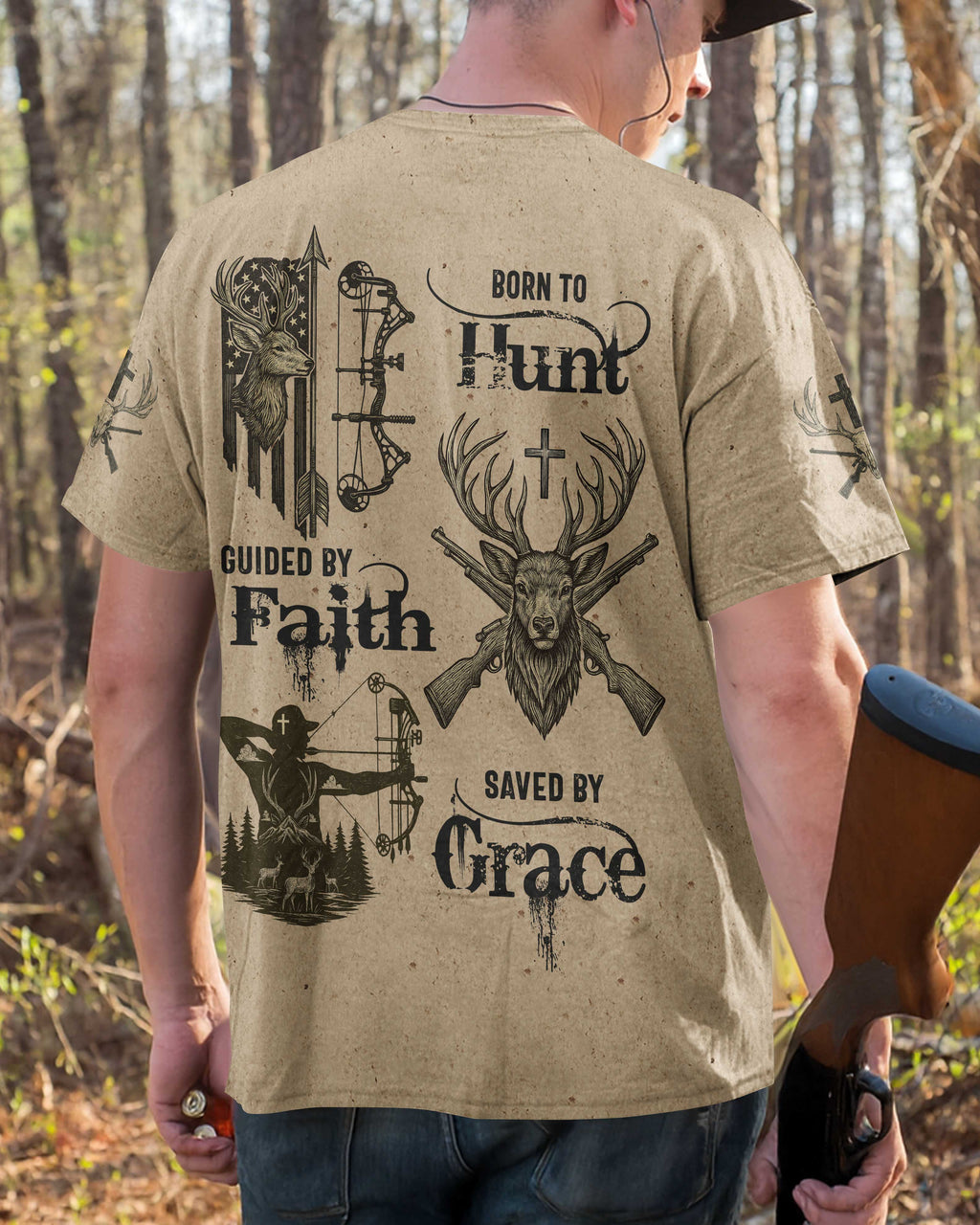 Born To Hunt Guided By Faith Saved By Grace Custom Name T-Shirt