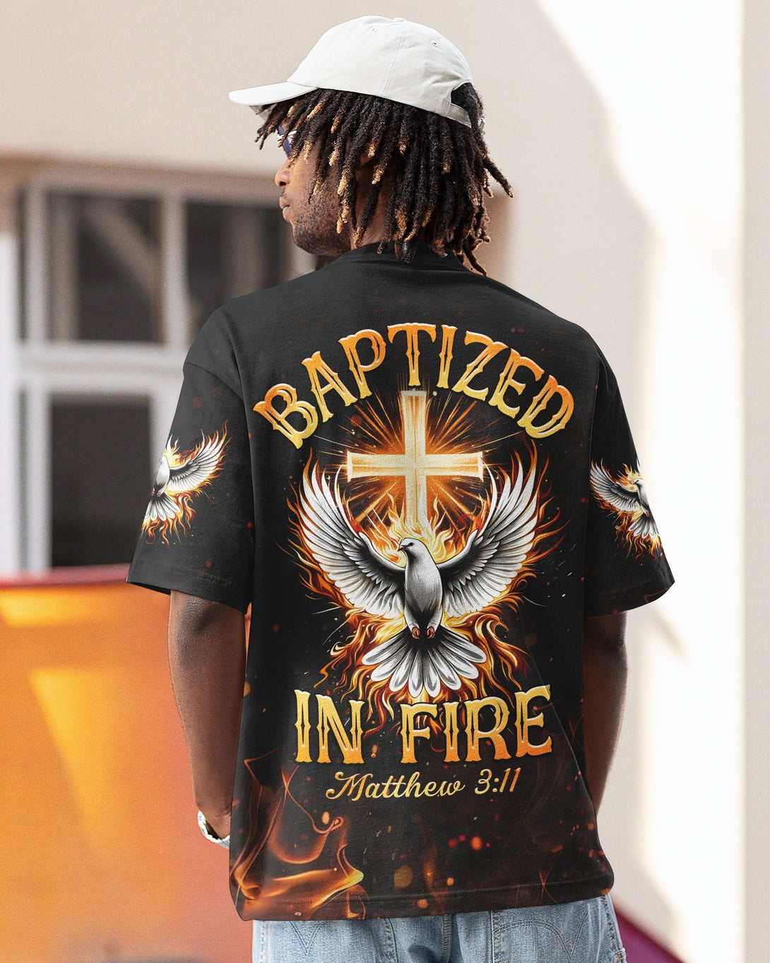 Baptized In Fire Matthew 3:11 All Over Print T-shirt - Christ Color