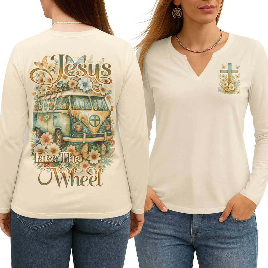 Jesus Take The Wheel All Over Print V-neck Long Sleeves Shirt