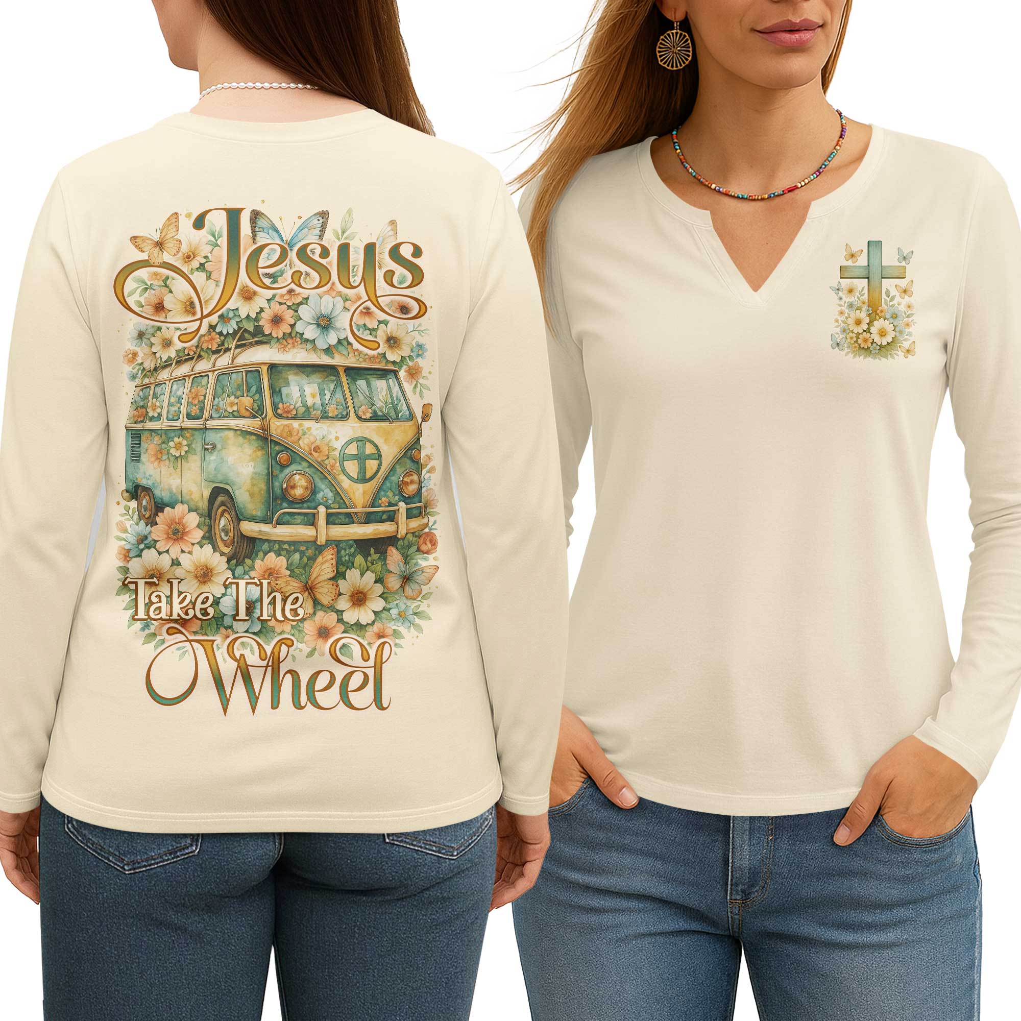 Jesus Take The Wheel All Over Print V-neck Long Sleeves Shirt