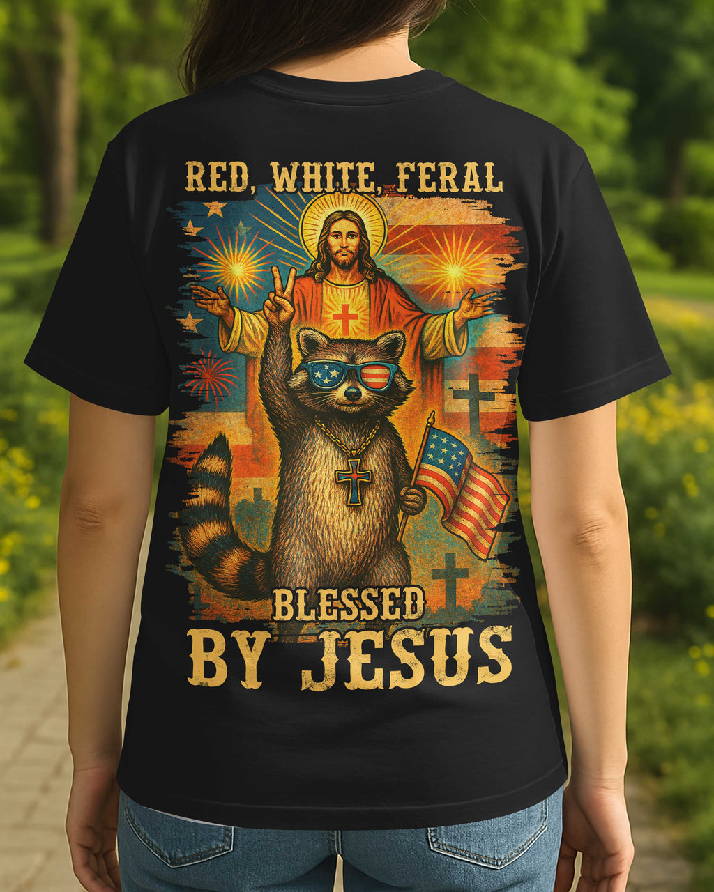 Red White Feral Blessed By Jesus All Over Print T-Shirt