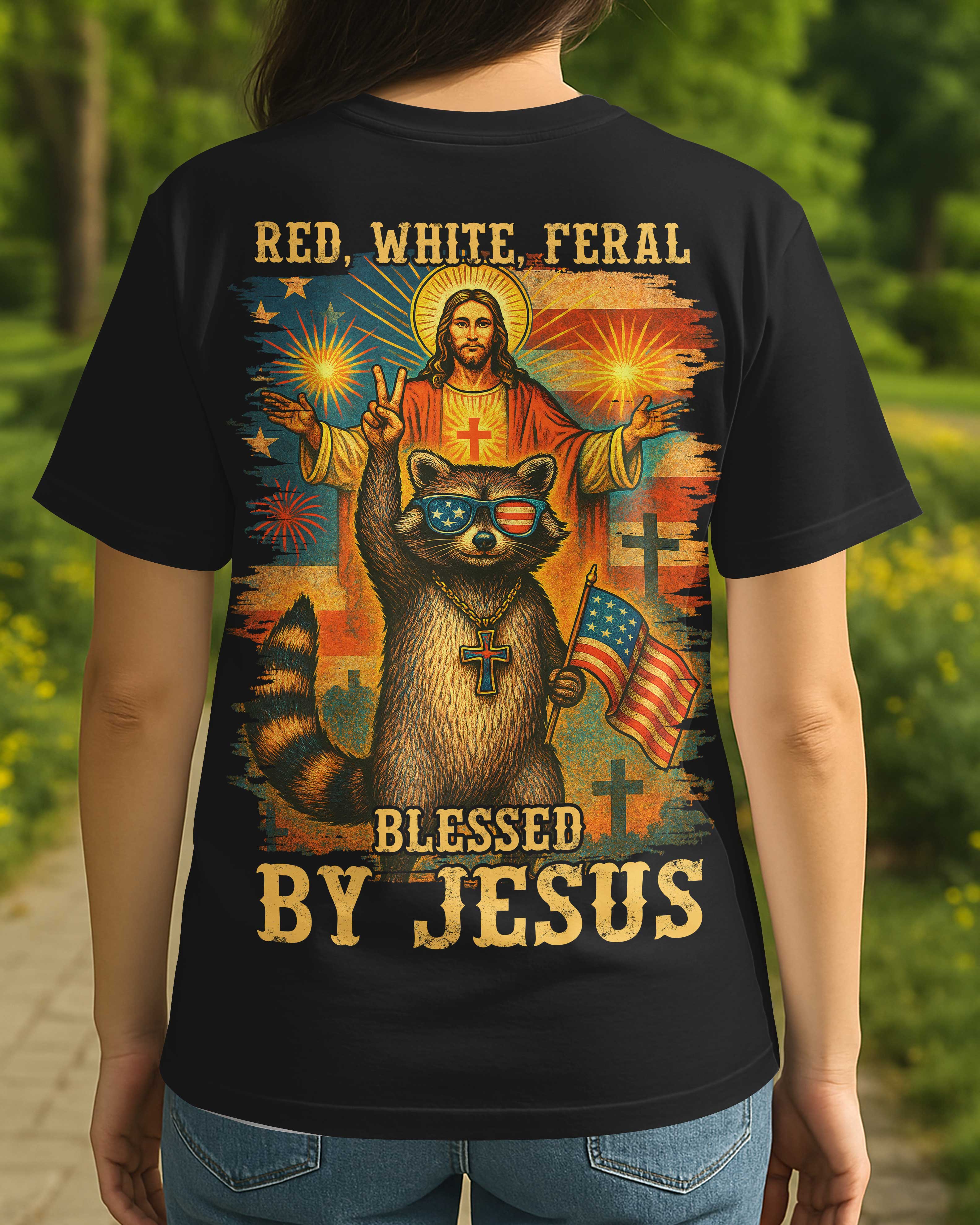 Red White Feral Blessed By Jesus All Over Print T-Shirt