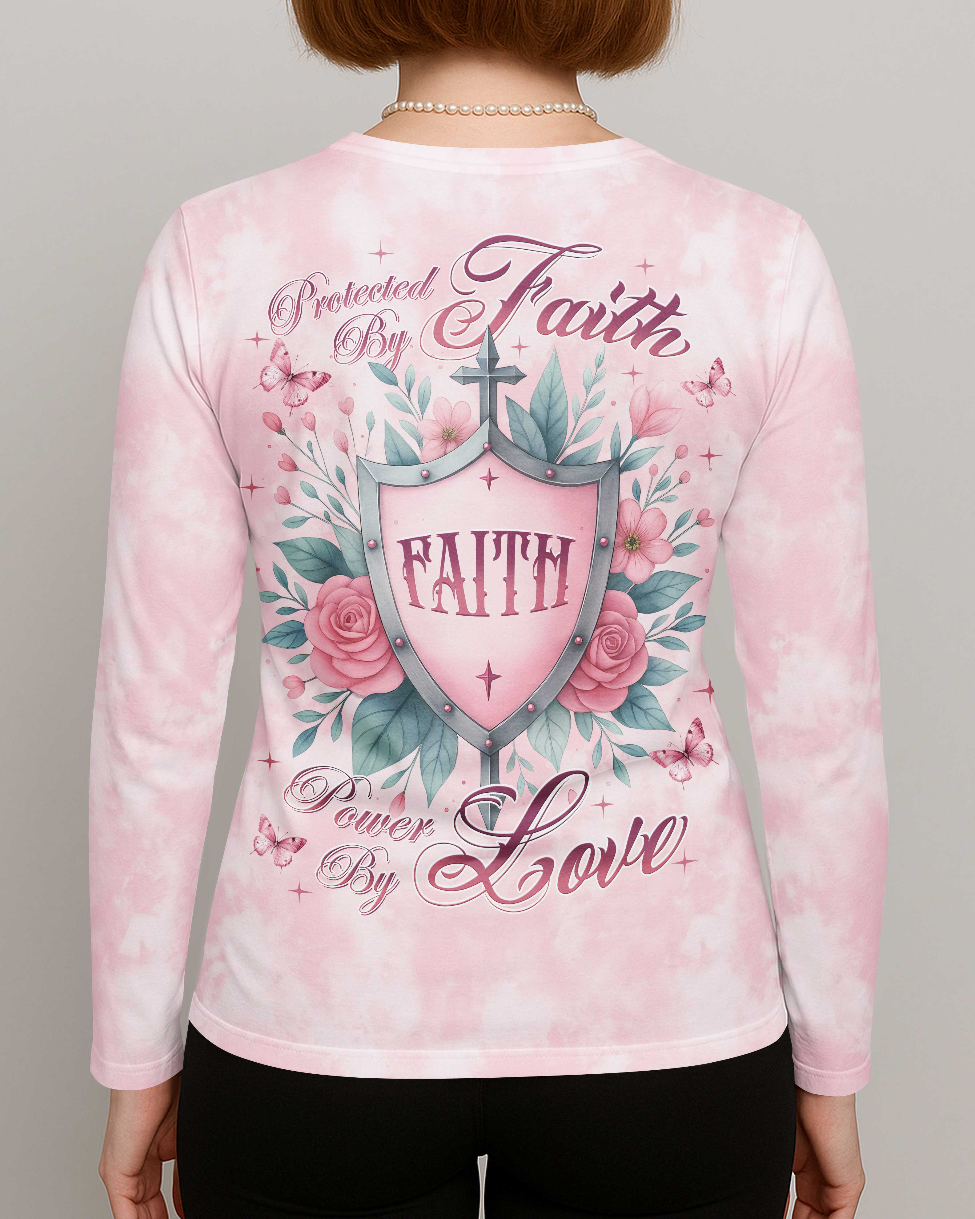 Protected By Faith Power By Love All Over Print V-neck Long Sleeves Shirt