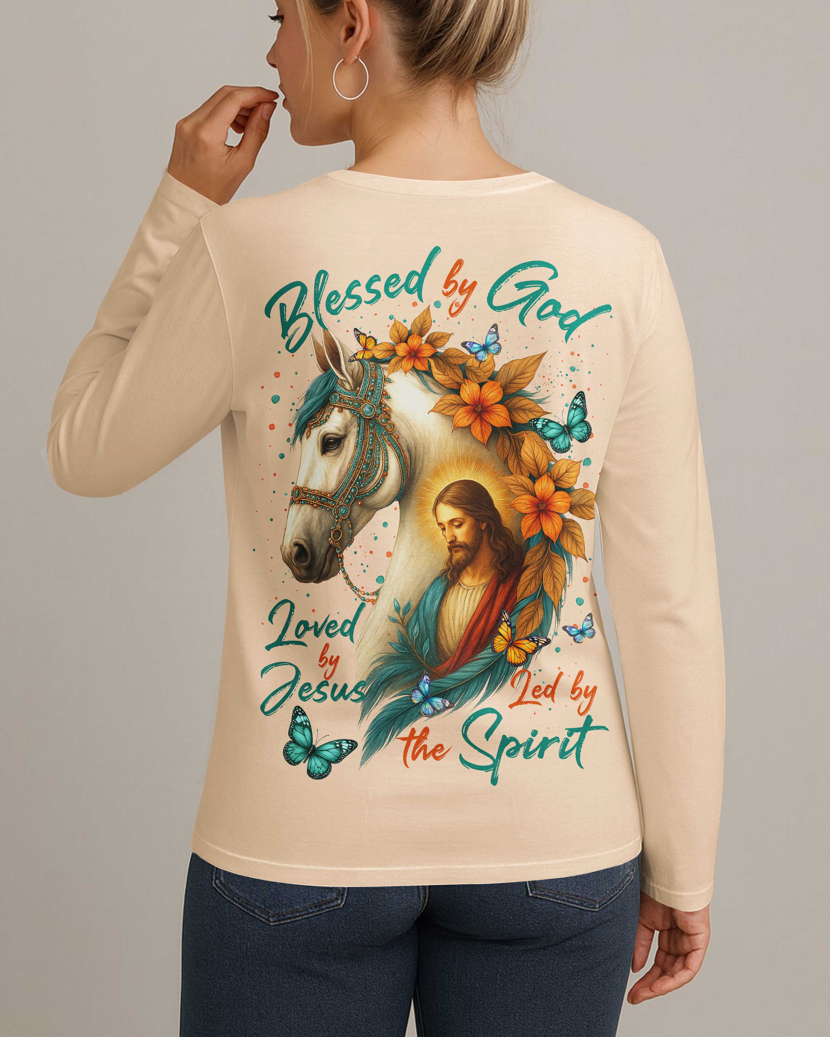 Blessed By God Loved By Jesus Led By The Spirit All Over Print V-neck Long Sleeves Shirt