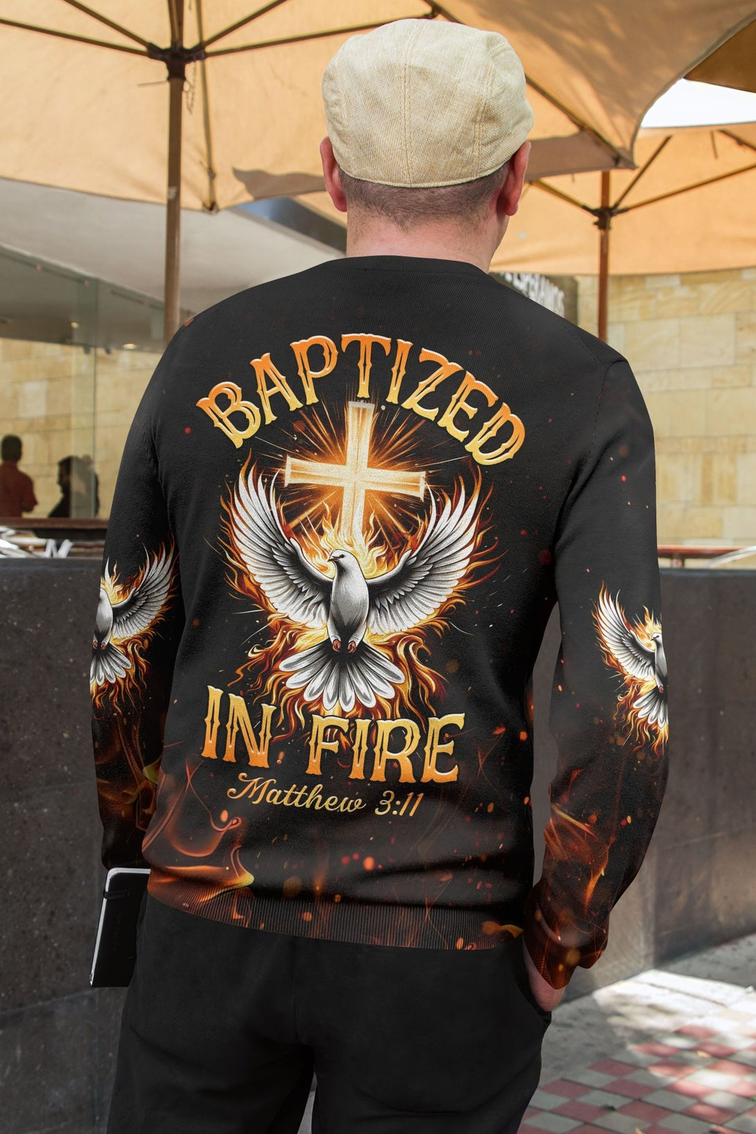 Baptized In Fire Matthew 3:11 All Over Print Sweater - Christ Color