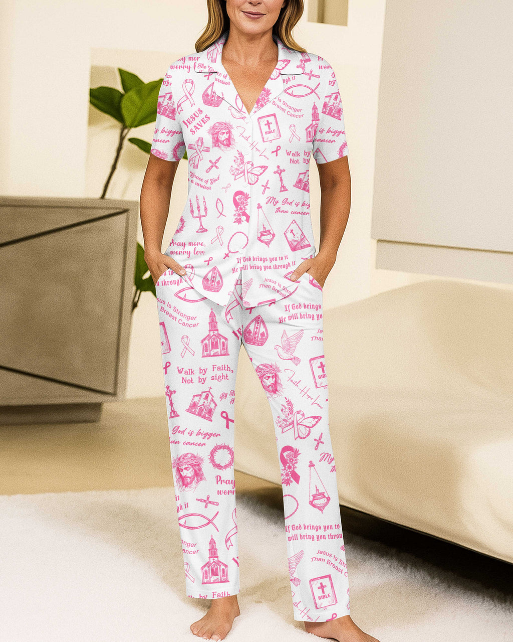 My God Is Bigger Than Cancer Button Pajamas