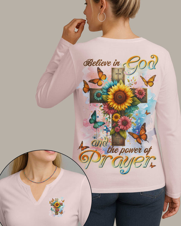 Believe In God And The Power Of Prayer All Over Print V-neck Long Sleeves Shirt