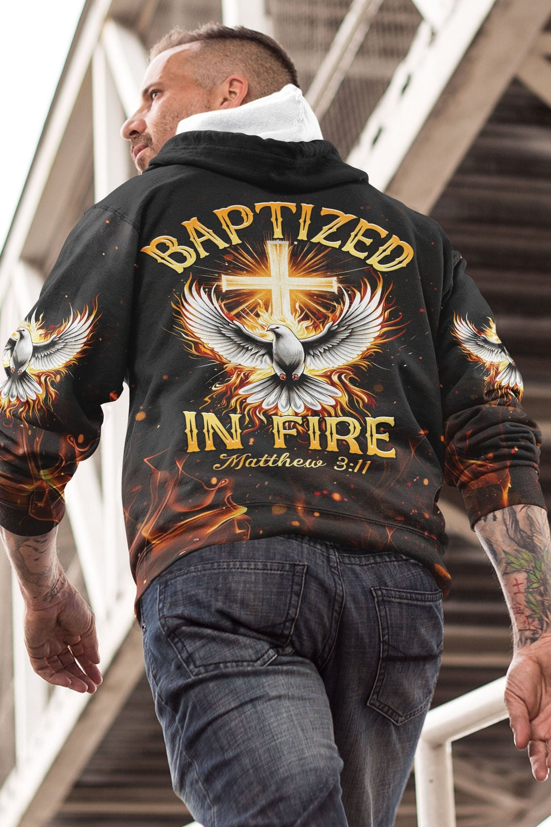 Baptized In Fire Matthew 3:11 All Over Print Hoodie - Christ Color