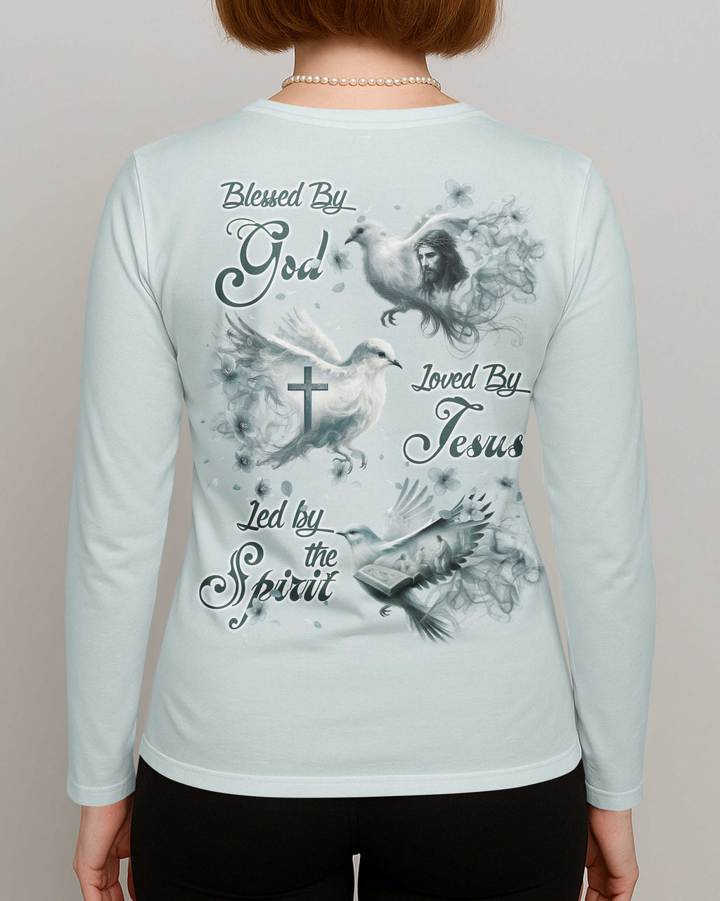 Blessed By God Loved By Jesus Led By The Spirit V-neck Long Sleeves Shirt