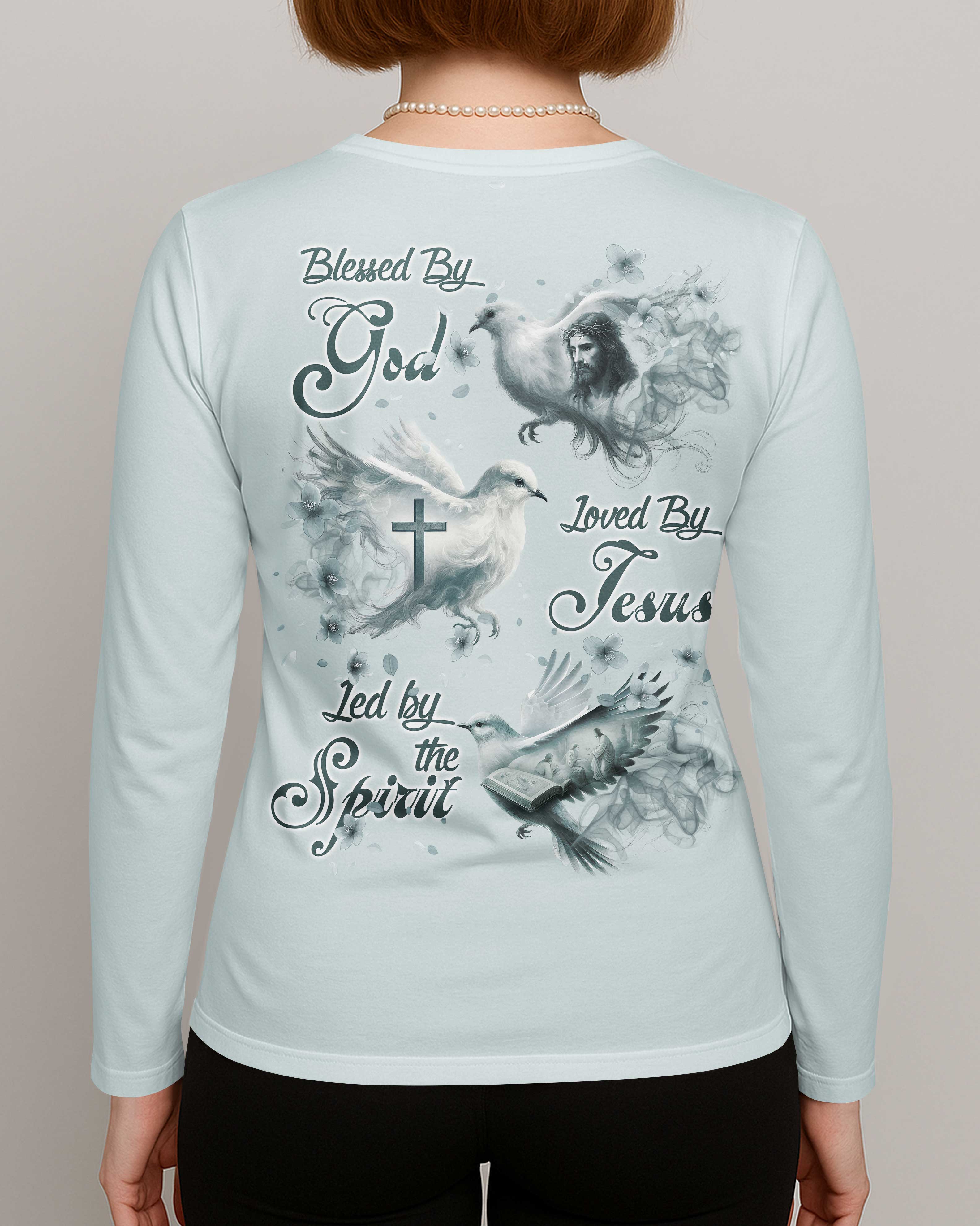 Blessed By God Loved By Jesus Led By The Spirit V-neck Long Sleeves Shirt