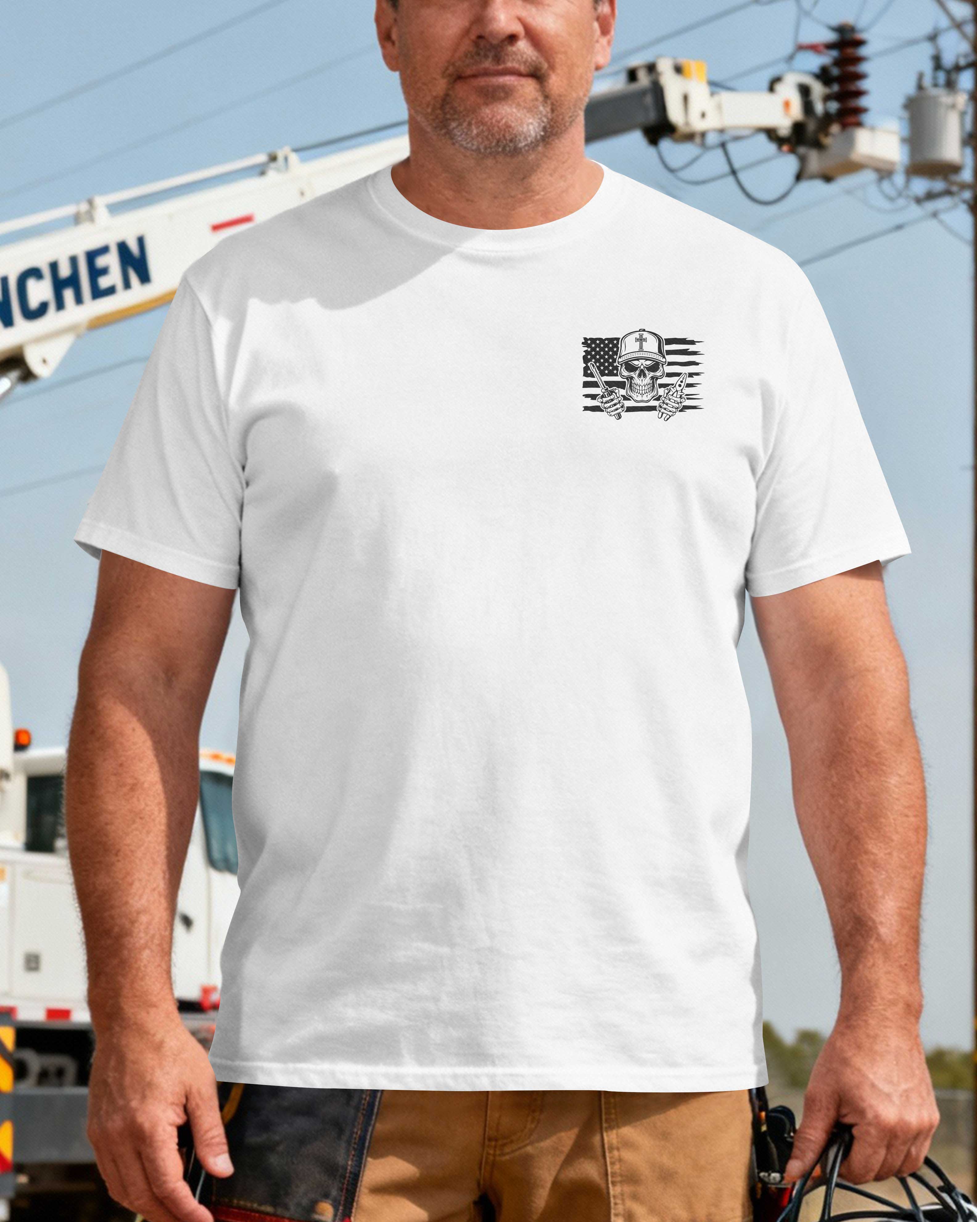 Powered By Faith Protected By Christ Proud To Be A Lineman T-Shirt