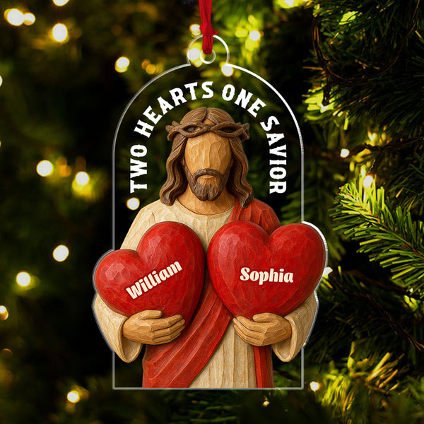 Two Hearts One Savior Personalized Acrylic Ornament, Custom Couple Name