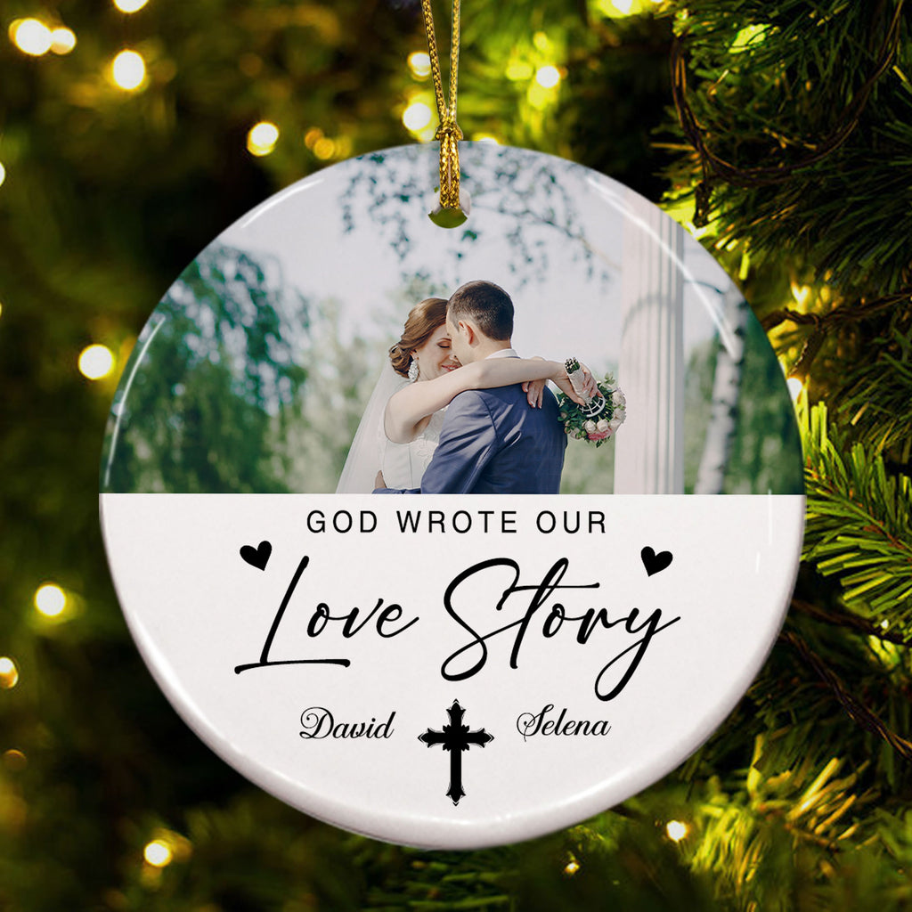 God Wrote Our Love Story Personalized Ceramic Ornament, Custom Couple Name