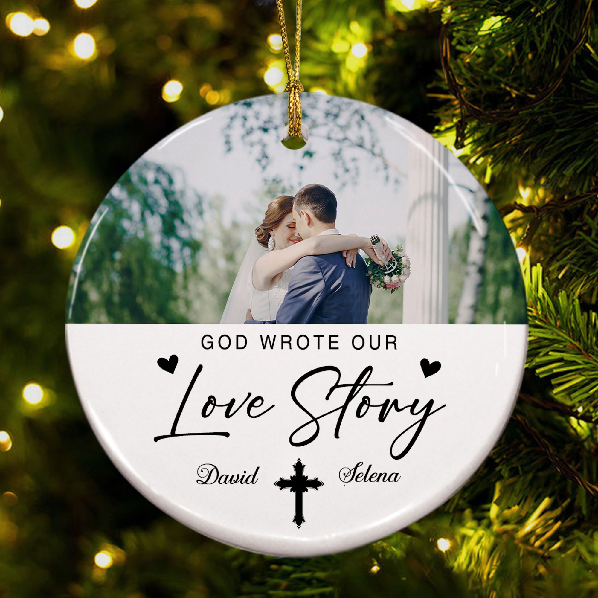 God Wrote Our Love Story Personalized Ceramic Ornament, Custom Couple Name