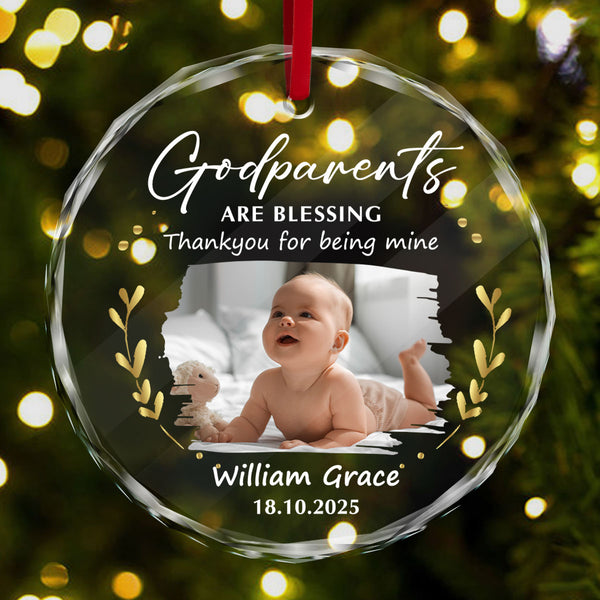 Godparents Are Blessing Personalized Glass Ornament, Custom Baby Name and Birth Year