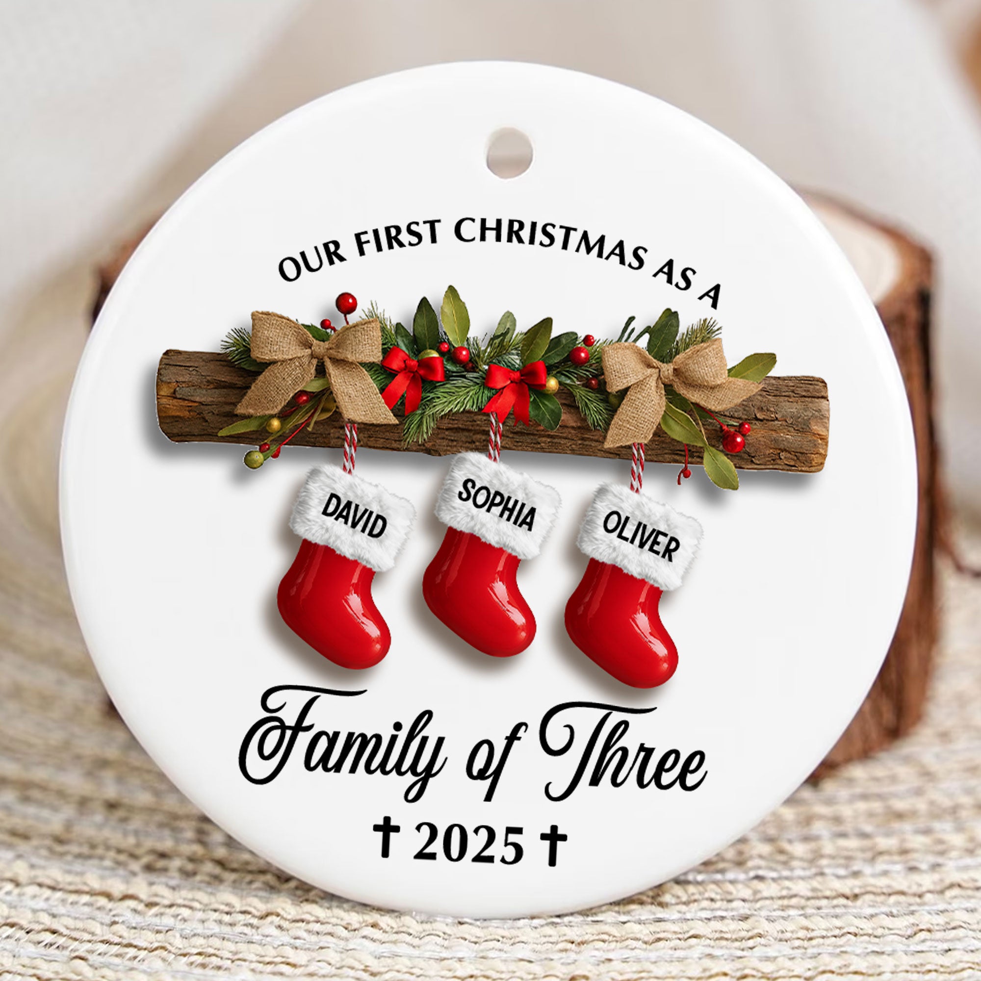 Our First Christmas As A Family of Three Personalized Ceramic Ornament, Custom Name