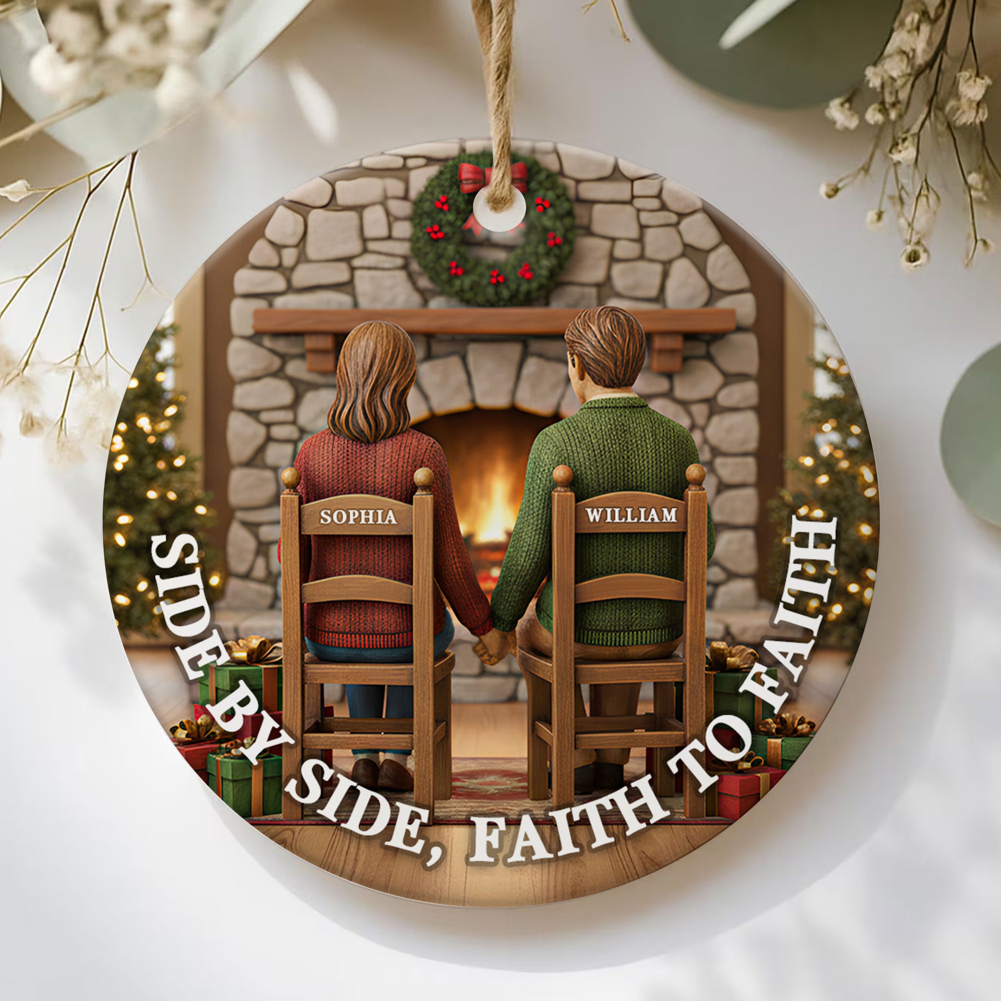 Side By Side Faith To Faith Personalized Ceramic Ornament, Custom Couple Name