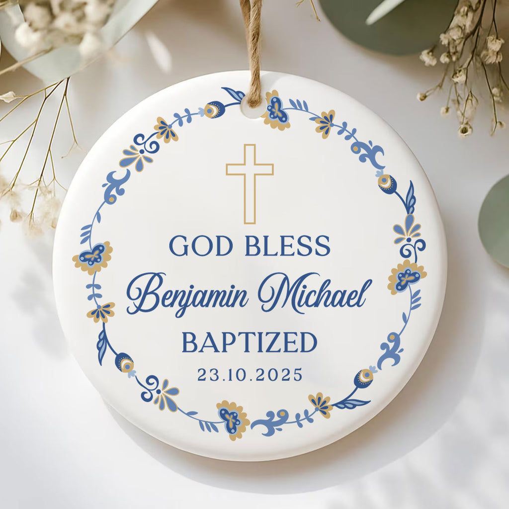 God Bless Baptized Personalized Ceramic Ornament, Custom Name and Birth Year