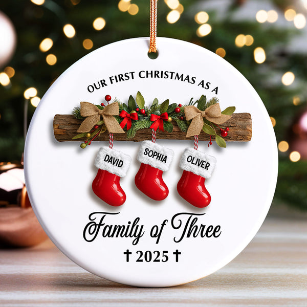 Our First Christmas As A Family of Three Personalized Ceramic Ornament, Custom Name