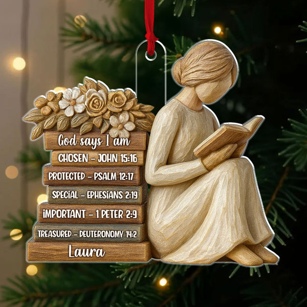 Reading Girl God Says I Am Personalized Acrylic Ornament, Custom Name