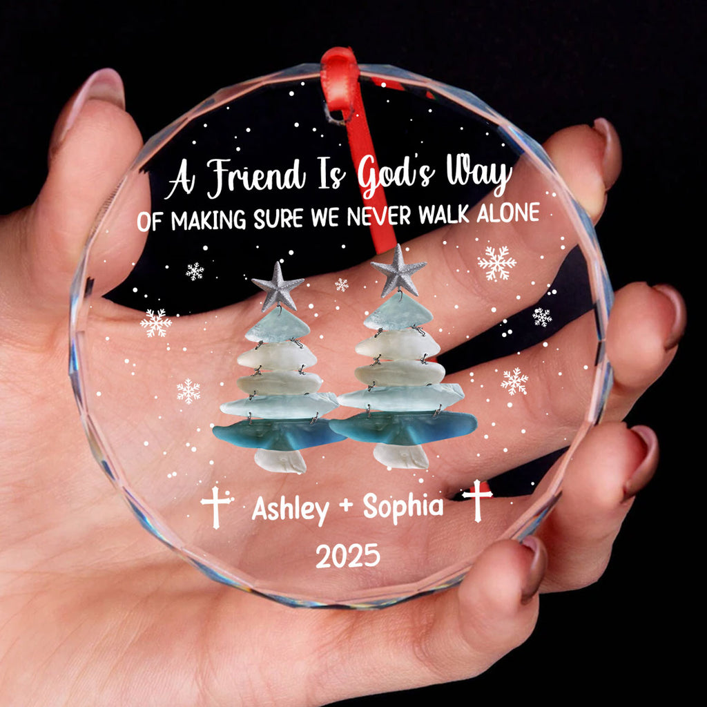 God's Way Of Making Sure We Never Walk Alone Personalized Glass Ornament, Custom Friend Name