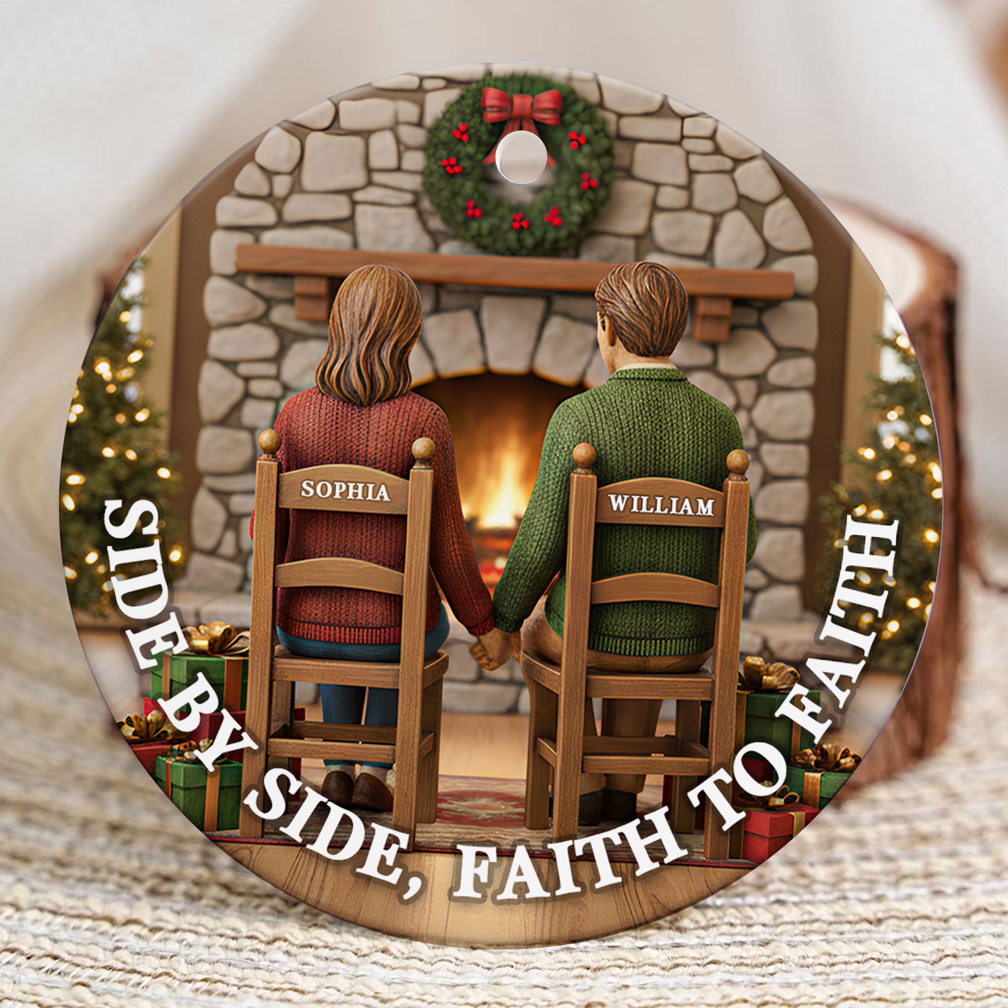 Side By Side Faith To Faith Personalized Ceramic Ornament, Custom Couple Name