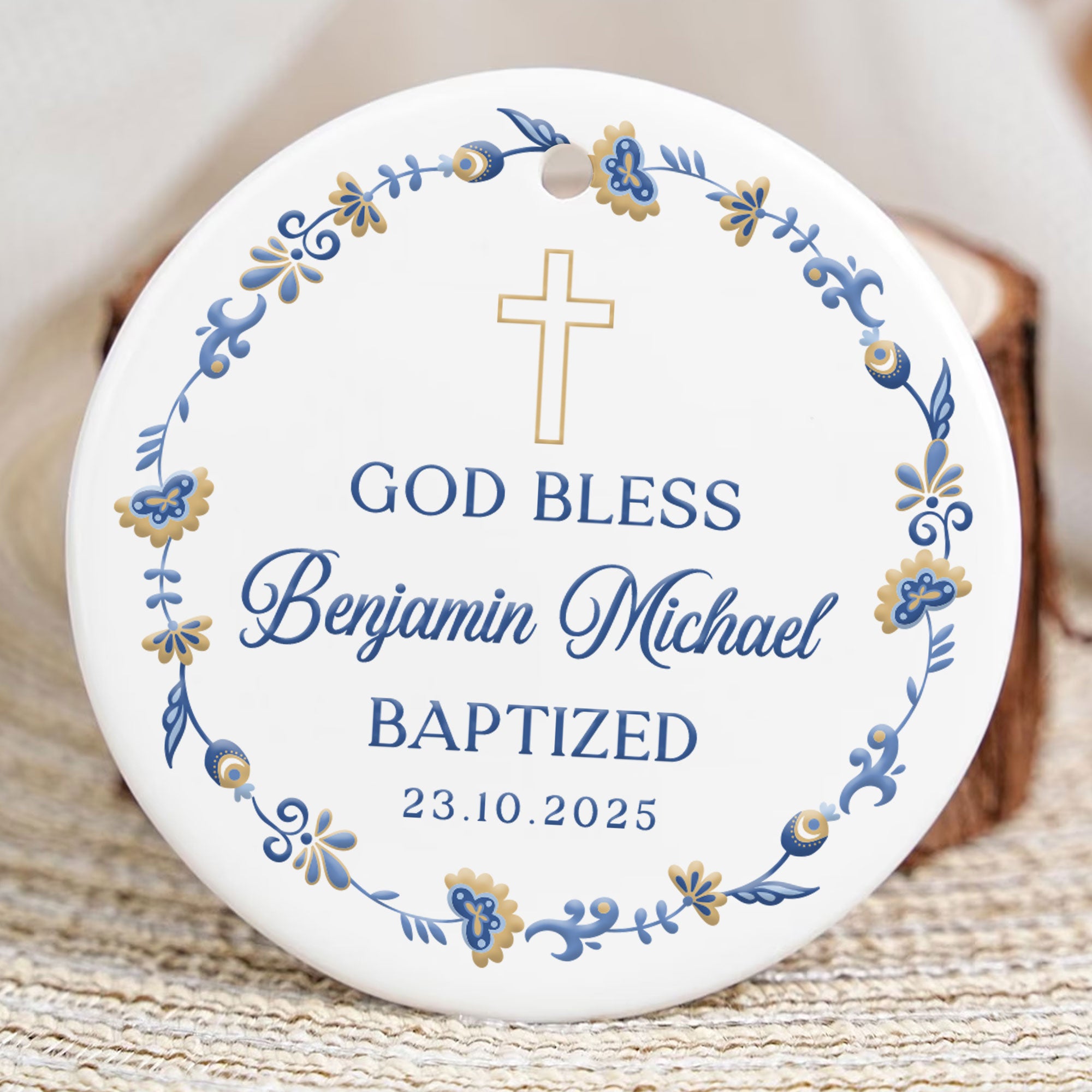 God Bless Baptized Personalized Ceramic Ornament, Custom Name and Birth Year