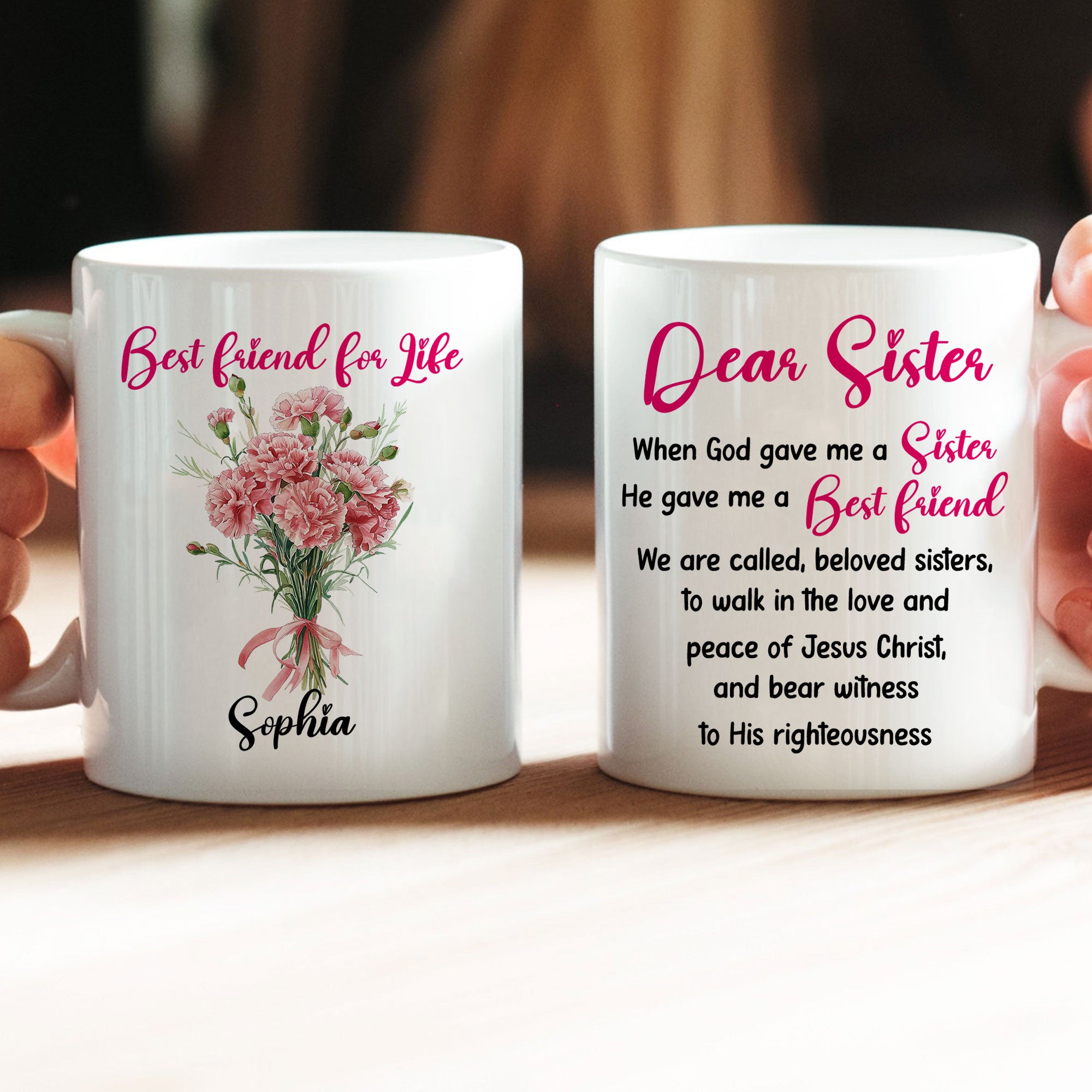A Sister Is A Best Friend For Life Personalized White Mug, Custom Name and Birth Month Flowers