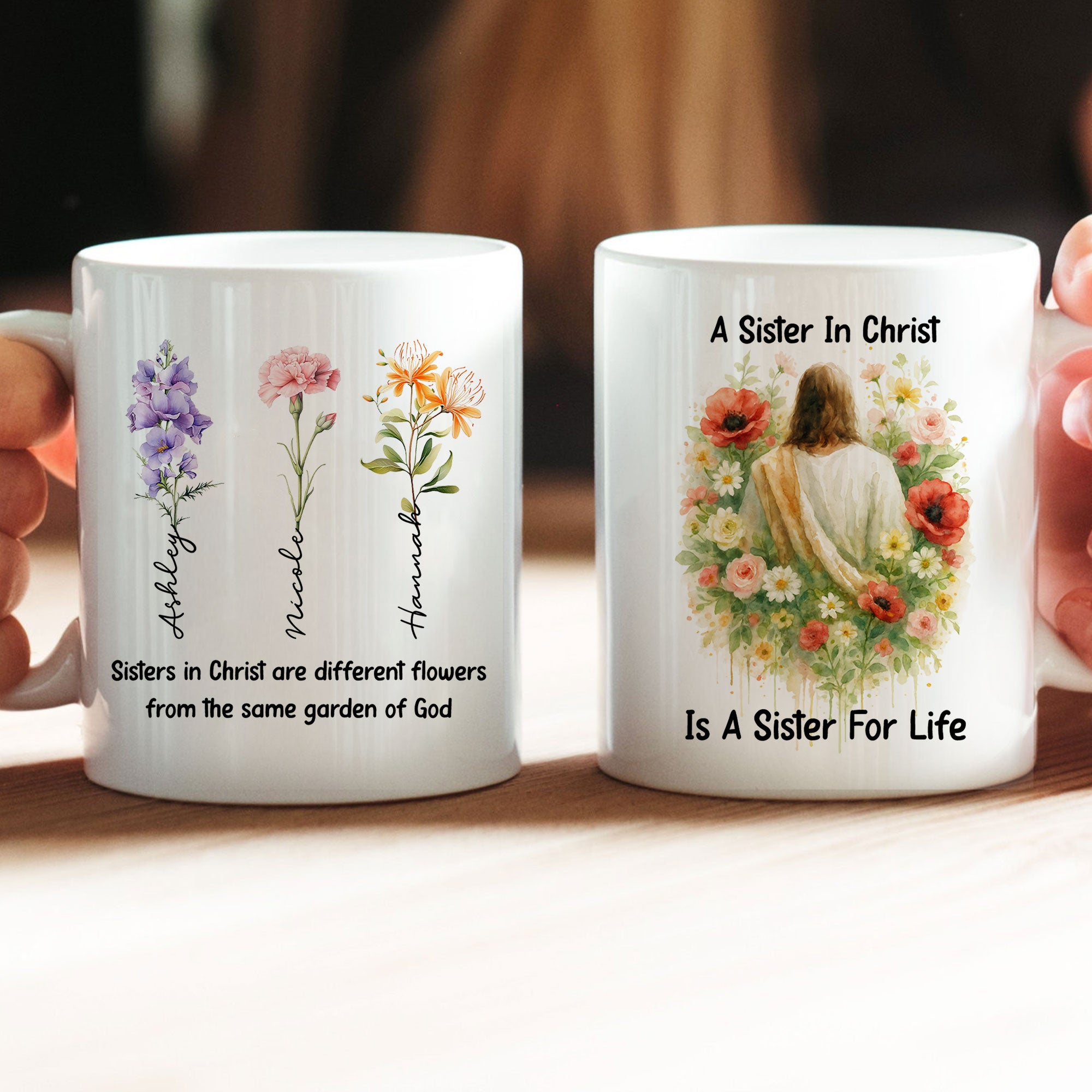 Sisters From The Same Garden of God Personalized White Mug, Custom Name and Birth Month Flowers
