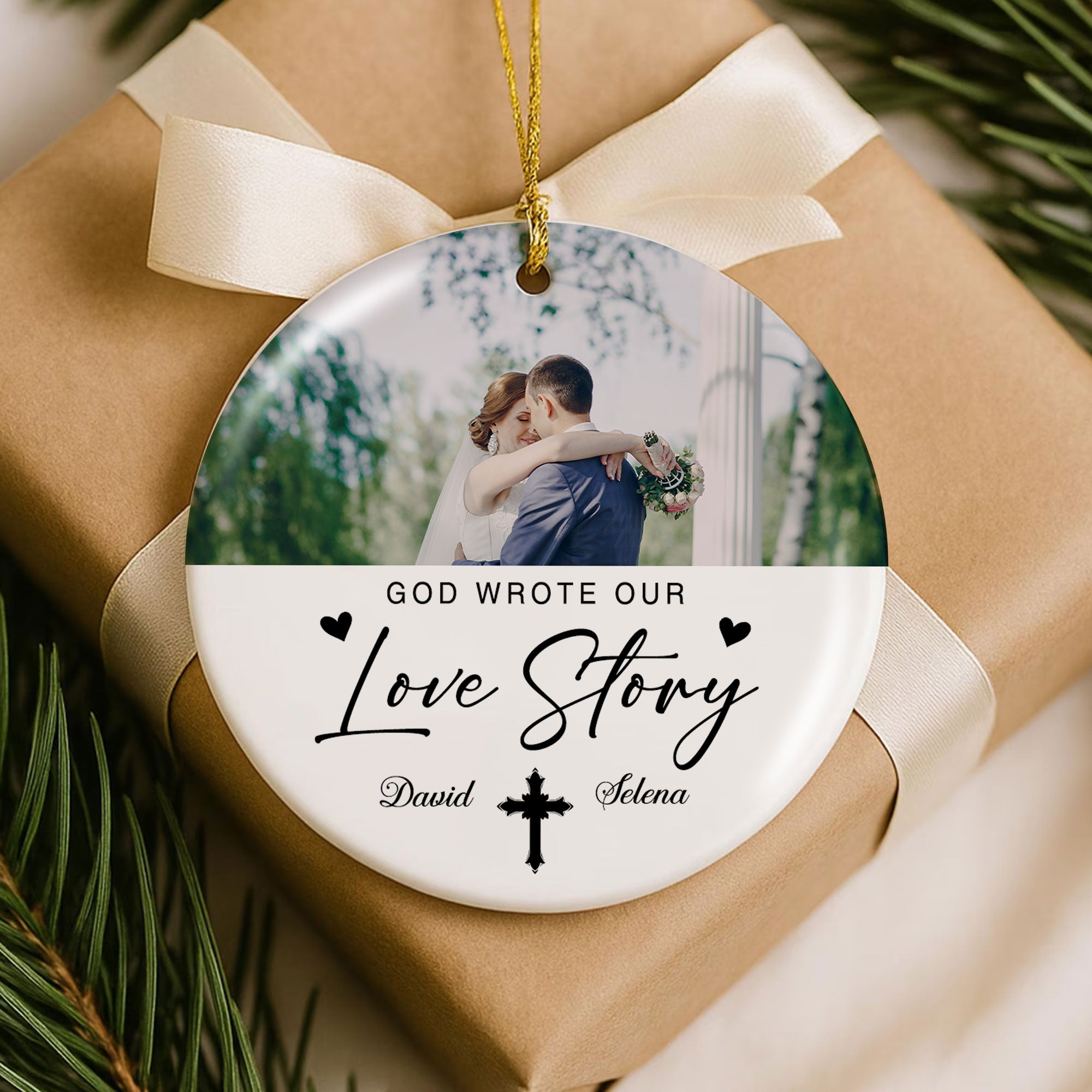God Wrote Our Love Story Personalized Ceramic Ornament, Custom Couple Name