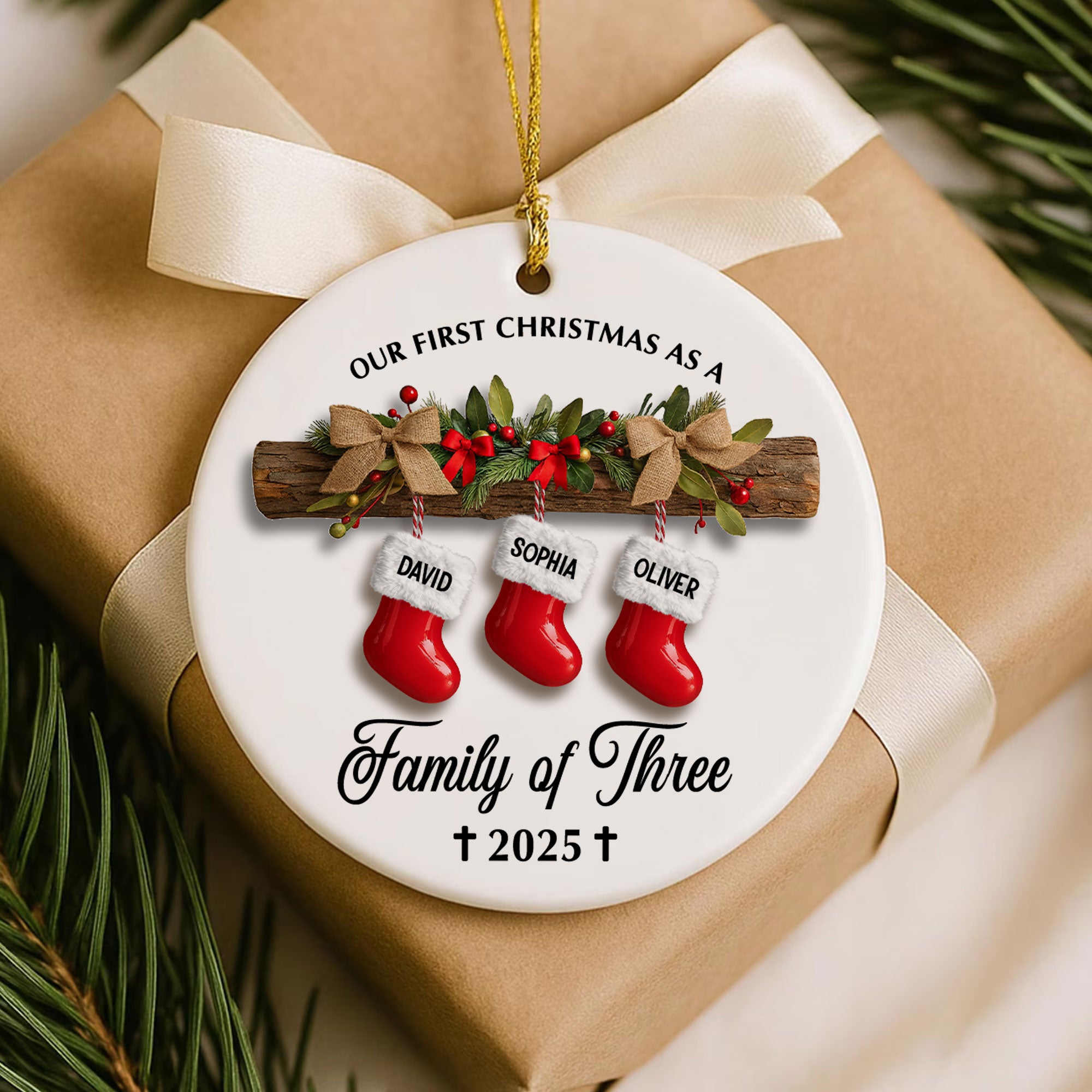 Our First Christmas As A Family of Three Personalized Ceramic Ornament, Custom Name