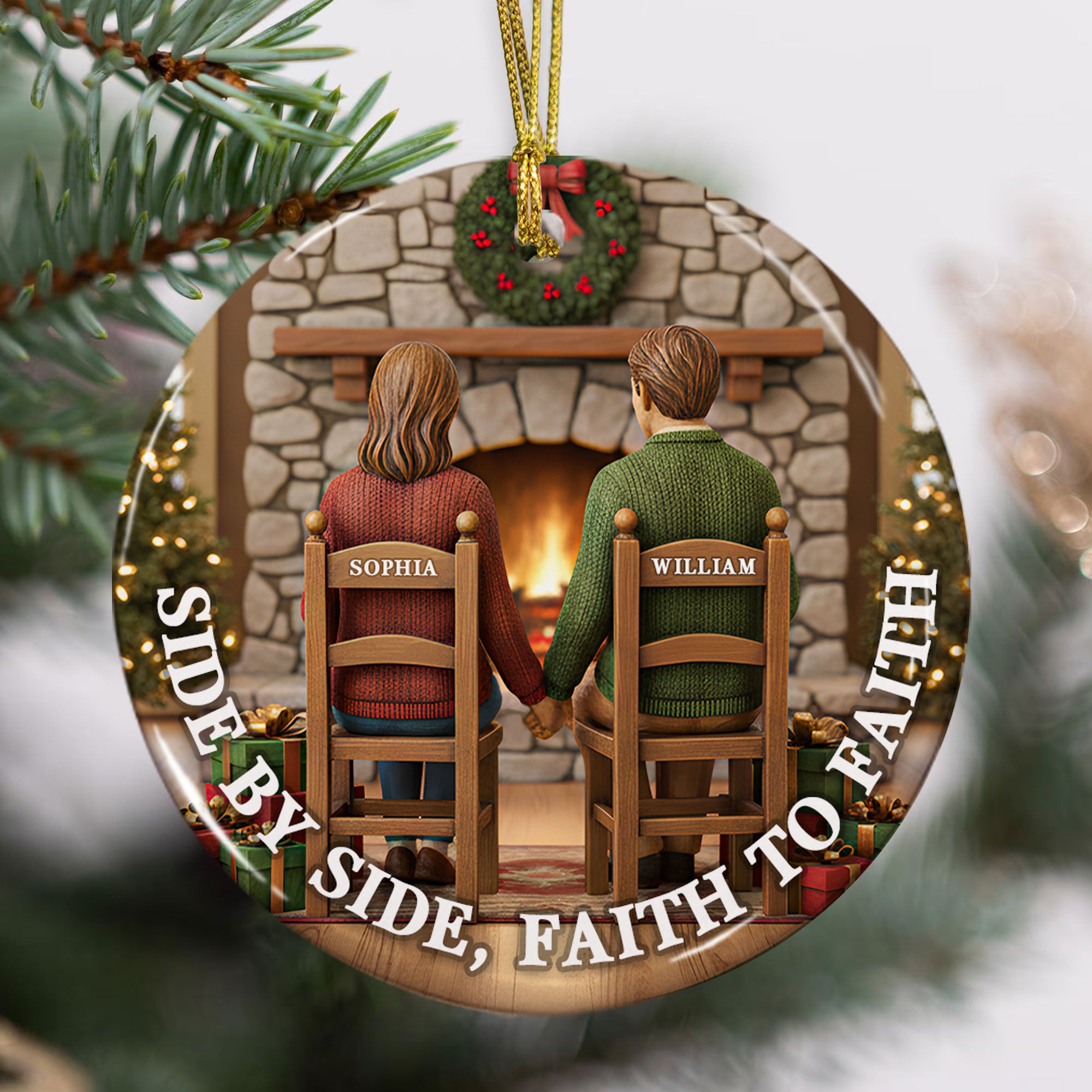 Side By Side Faith To Faith Personalized Ceramic Ornament, Custom Couple Name