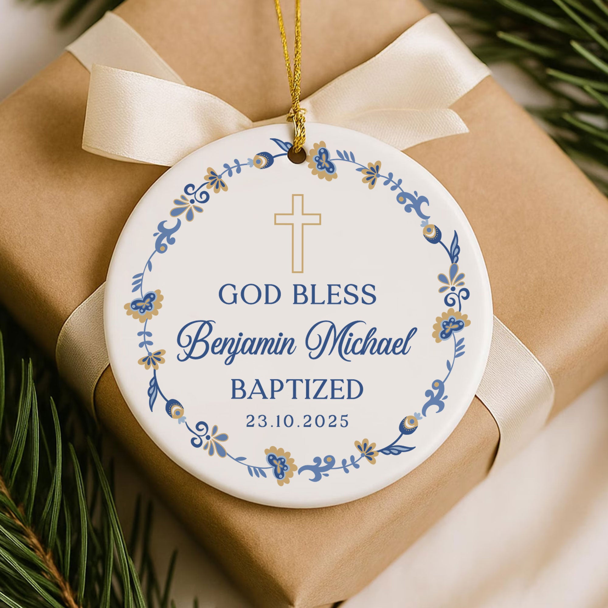 God Bless Baptized Personalized Ceramic Ornament, Custom Name and Birth Year