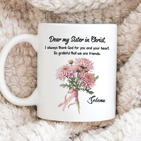 Thank God For You And Your Heart Personalized White Mug, Custom Name and Birth Month Flowers