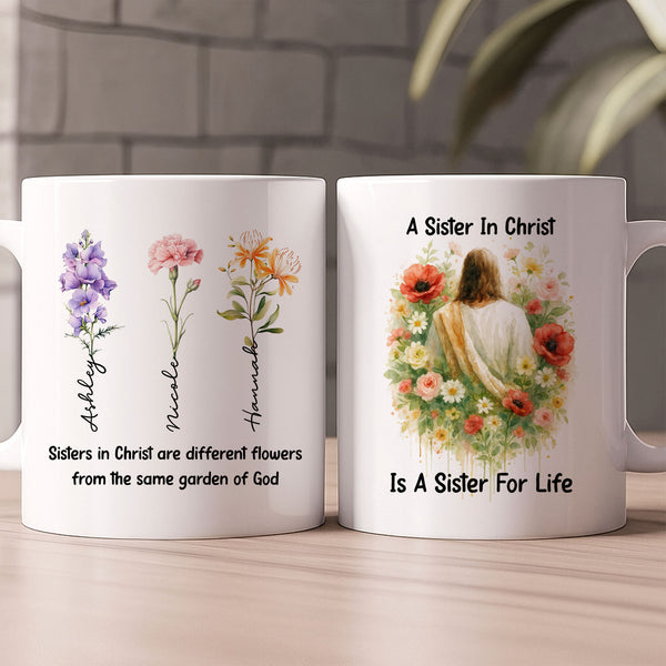 Sisters From The Same Garden of God Personalized White Mug, Custom Name and Birth Month Flowers