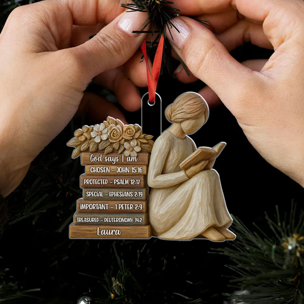 Reading Girl God Says I Am Personalized Acrylic Ornament, Custom Name